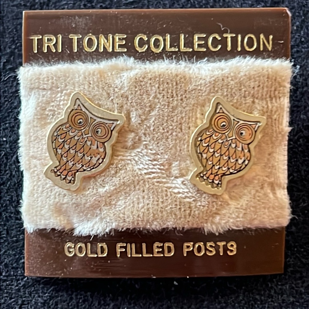 Vintage MCM Tri Tone gold filled posts Owl pierced earrings NWT